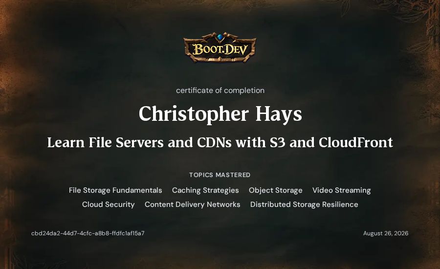 Christopher Hays's Boot.dev Learn File Servers and CDNs with S3 and CloudFront certificate