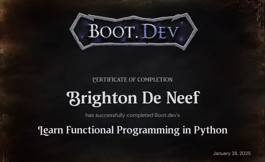 Brighton De Neef's Boot.dev Learn Functional Programming in Python certificate