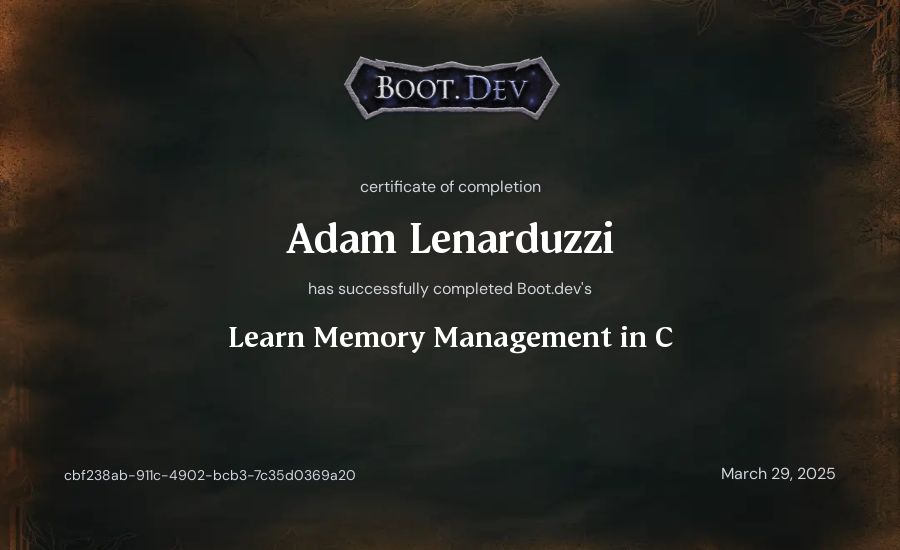 Adam Lenarduzzi's Boot.dev Learn Memory Management in C certificate