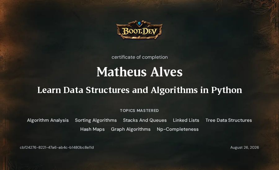 Matheus Alves's Boot.dev Learn Data Structures and Algorithms in Python certificate