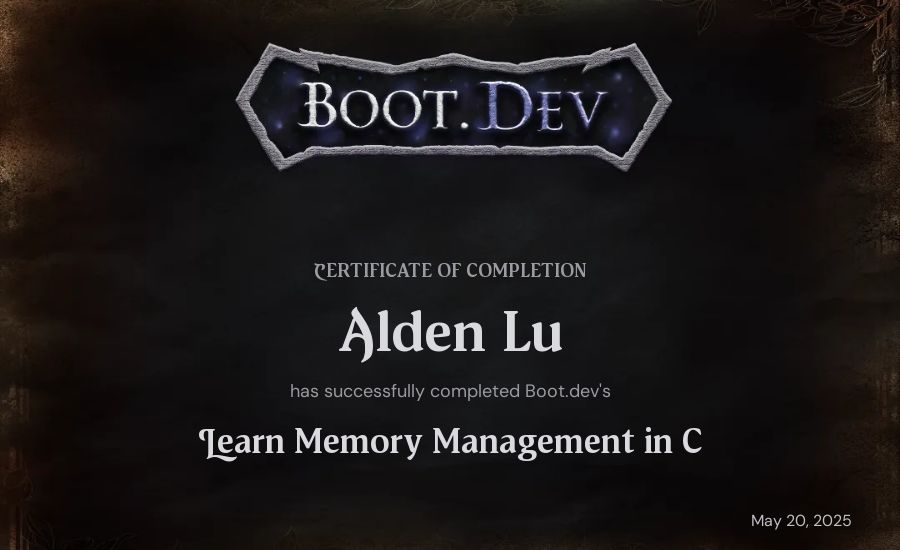 Alden Lu's Boot.dev Learn Memory Management in C certificate
