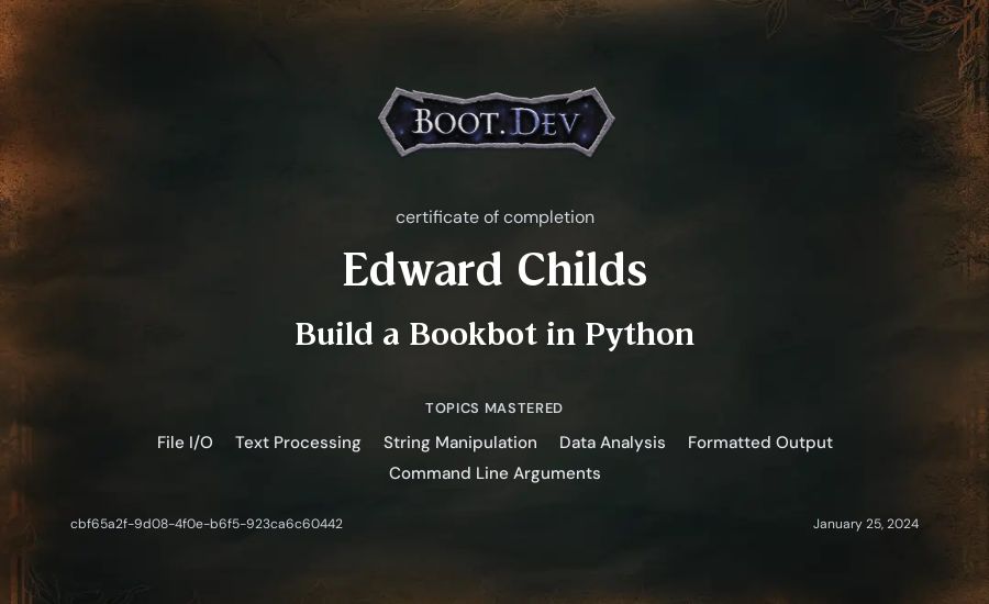 Edward Childs's Boot.dev Build a BookBot in Python certificate