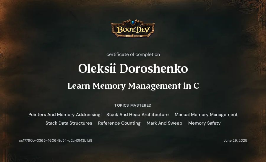 Oleksii Doroshenko's Boot.dev Learn Memory Management in C certificate