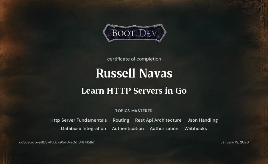 Russell Navas's Boot.dev Learn HTTP Servers in Go certificate