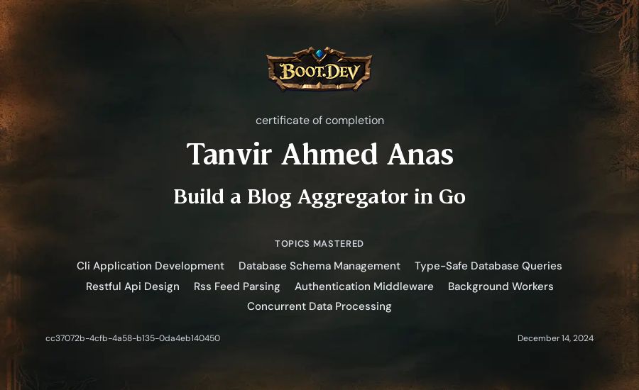 Tanvir Ahmed Anas's Boot.dev Build a Blog Aggregator in Go certificate