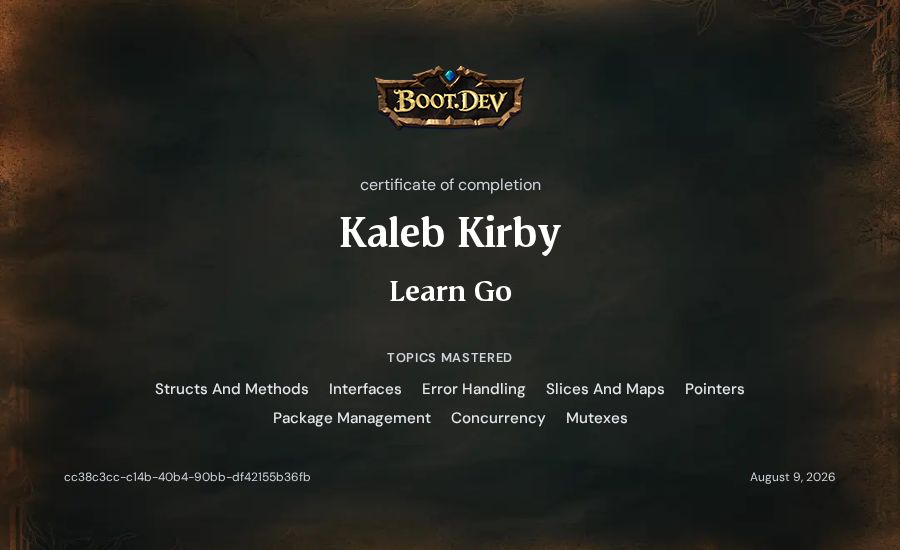 Kaleb Kirby's Boot.dev Learn Go certificate
