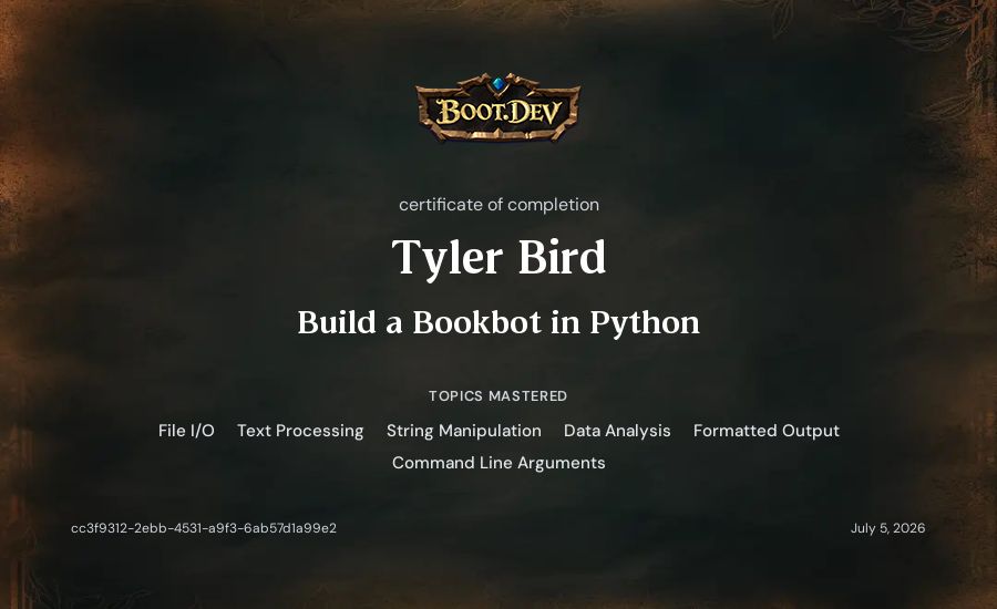 Tyler Bird's Boot.dev Build a BookBot in Python certificate