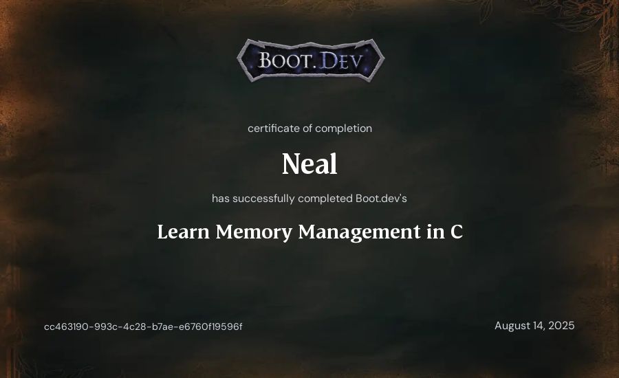 Neal's Boot.dev Learn Memory Management in C certificate