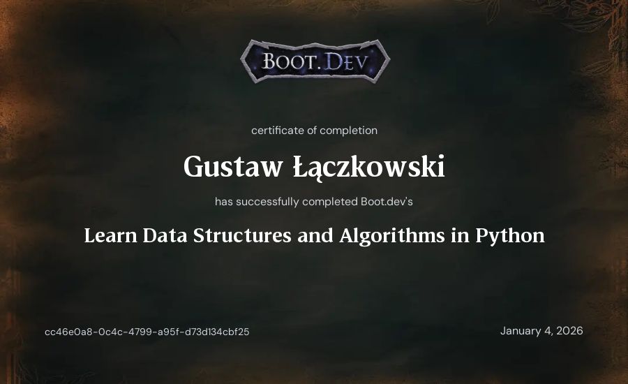 Gustaw Łączkowski's Boot.dev Learn Data Structures and Algorithms in Python certificate