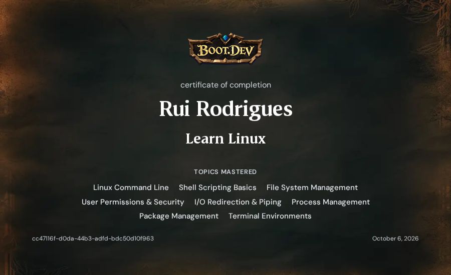 Rui Rodrigues's Boot.dev Learn Linux certificate