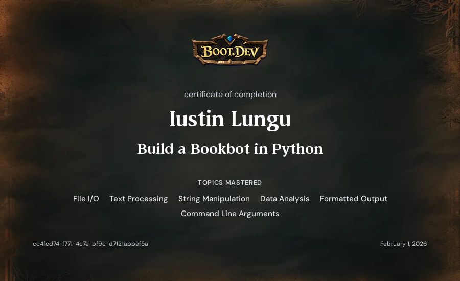 Iustin Lungu's Boot.dev Build a BookBot in Python certificate