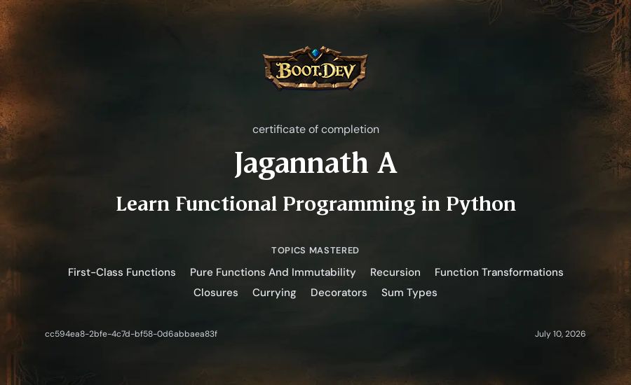 Jagannath A's Boot.dev Learn Functional Programming in Python certificate