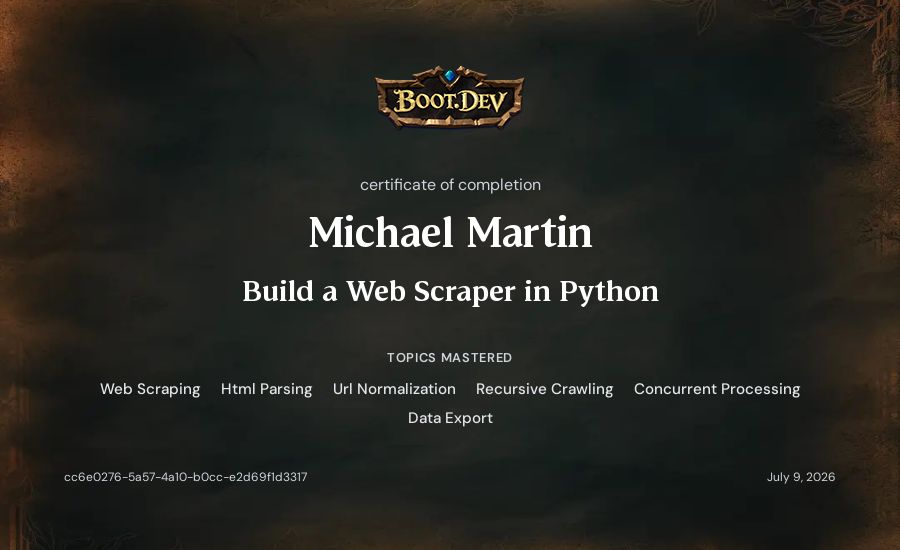 Michael Martin's Boot.dev Build a Web Scraper in Python certificate