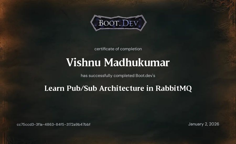 Vishnu Madhukumar's Boot.dev Learn Pub/Sub in RabbitMQ and Go certificate