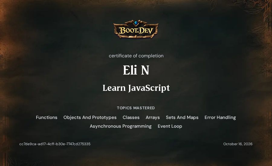 Eli N's Boot.dev Learn JavaScript certificate