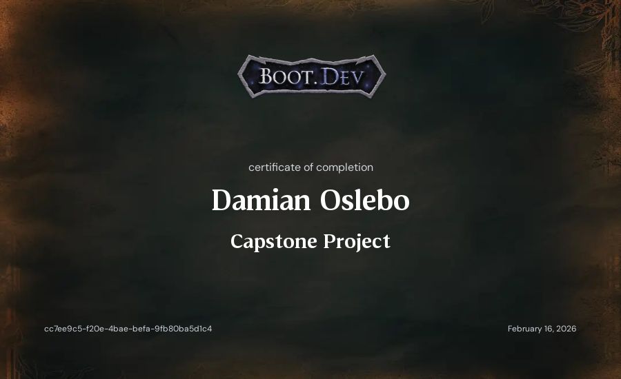 Damian Oslebo's Boot.dev Capstone Project certificate
