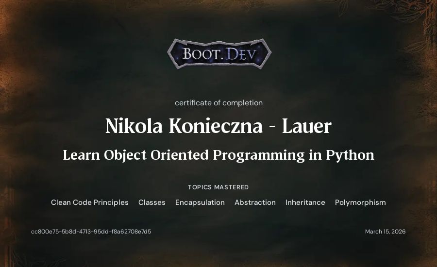 Nikola Konieczna - Lauer's Boot.dev Learn Object Oriented Programming in Python certificate