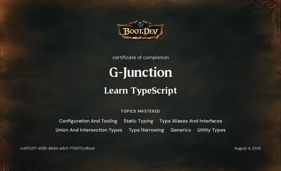 G-Junction's Boot.dev Learn TypeScript certificate