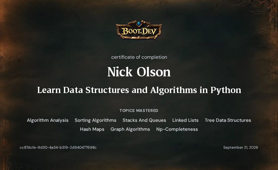 Nick Olson's Boot.dev Learn Data Structures and Algorithms in Python certificate