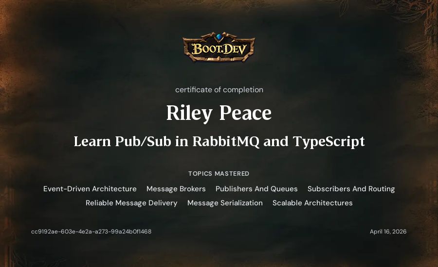 Riley Peace's Boot.dev Learn Pub/Sub in RabbitMQ and TypeScript certificate