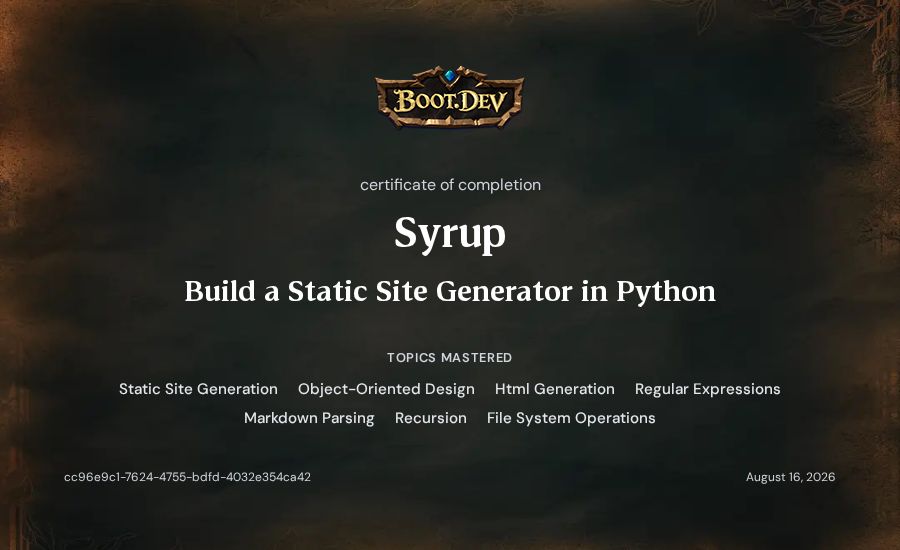 Syrup's Boot.dev Build a Static Site Generator in Python certificate