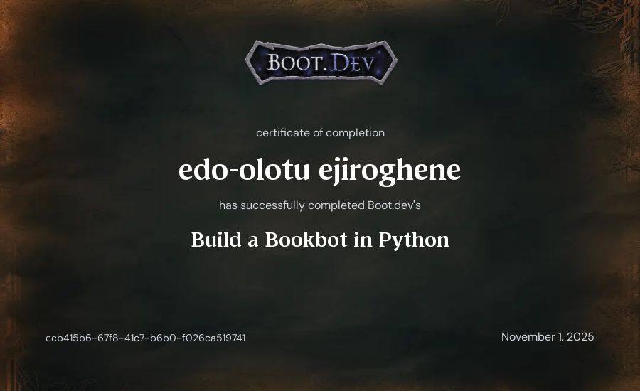 edo-olotu ejiroghene's Boot.dev Build a BookBot in Python certificate