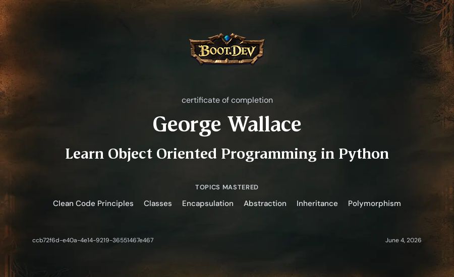 George Wallace's Boot.dev Learn Object Oriented Programming in Python certificate