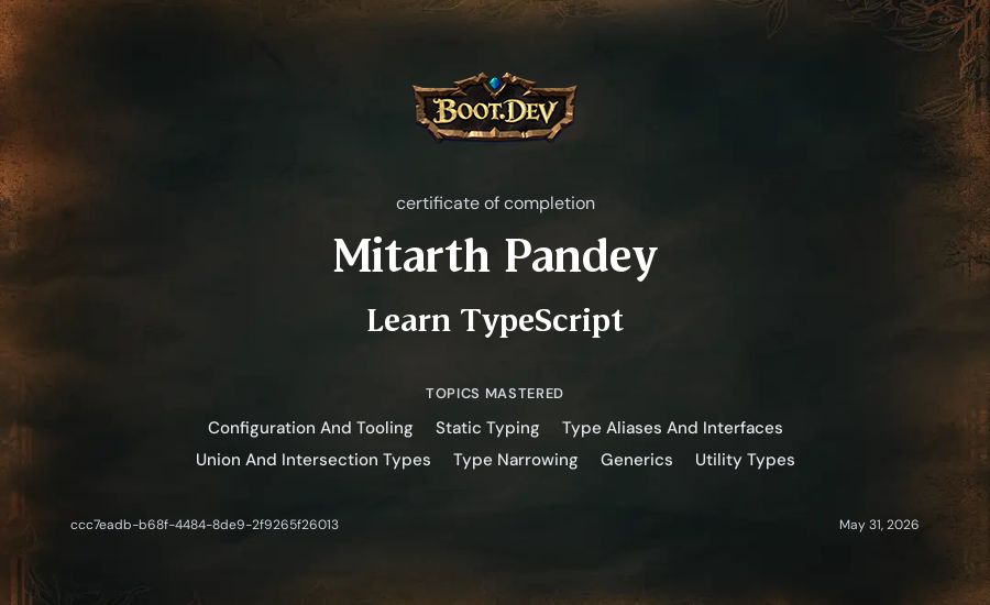 Mitarth Pandey's Boot.dev Learn TypeScript certificate