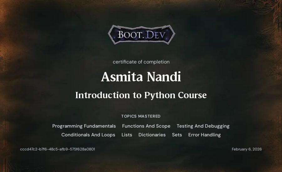 Asmita Nandi's Boot.dev Introduction to Python Course certificate