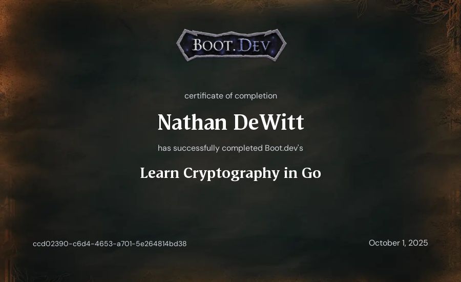 Nathan DeWitt's Boot.dev Learn Cryptography in Go certificate