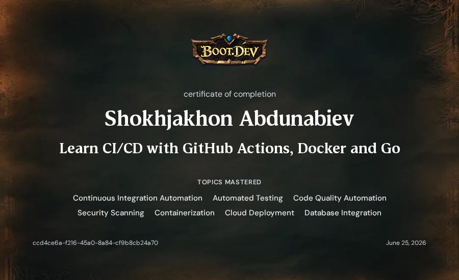 Shokhjakhon Abdunabiev's Boot.dev Learn CI/CD with GitHub Actions, Docker and Go certificate