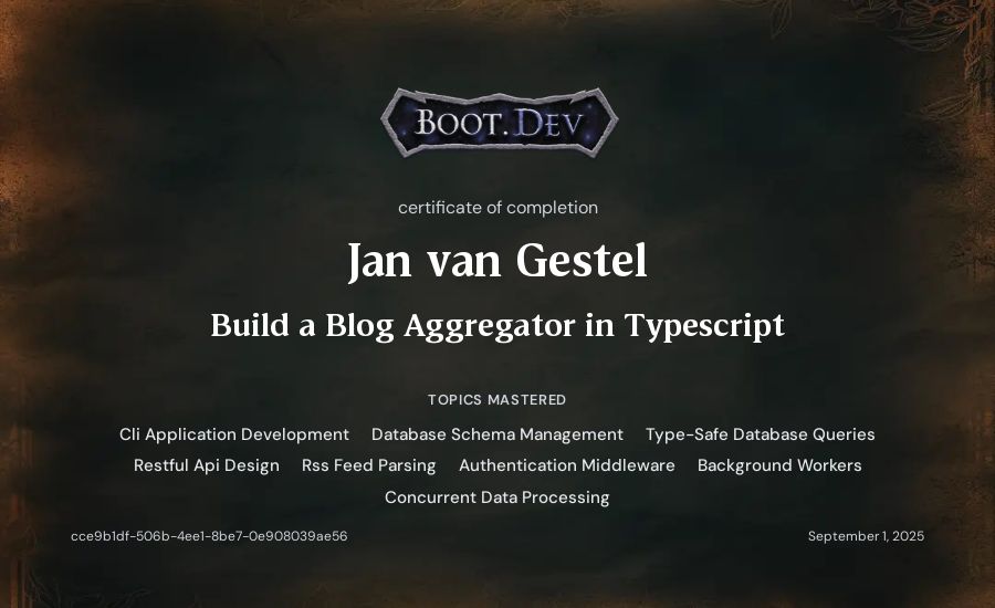Jan van Gestel's Boot.dev Build a Blog Aggregator in TypeScript certificate