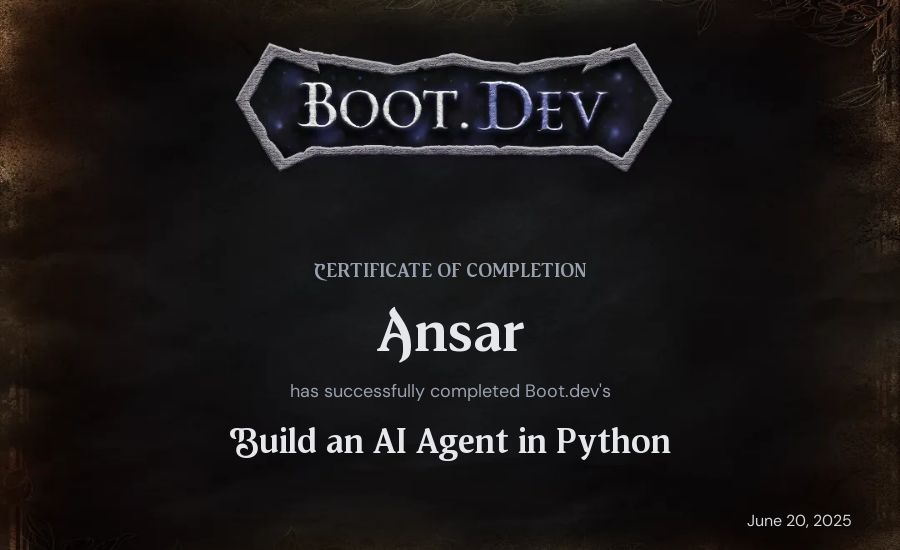 Ansar's Boot.dev Build an AI Agent in Python certificate