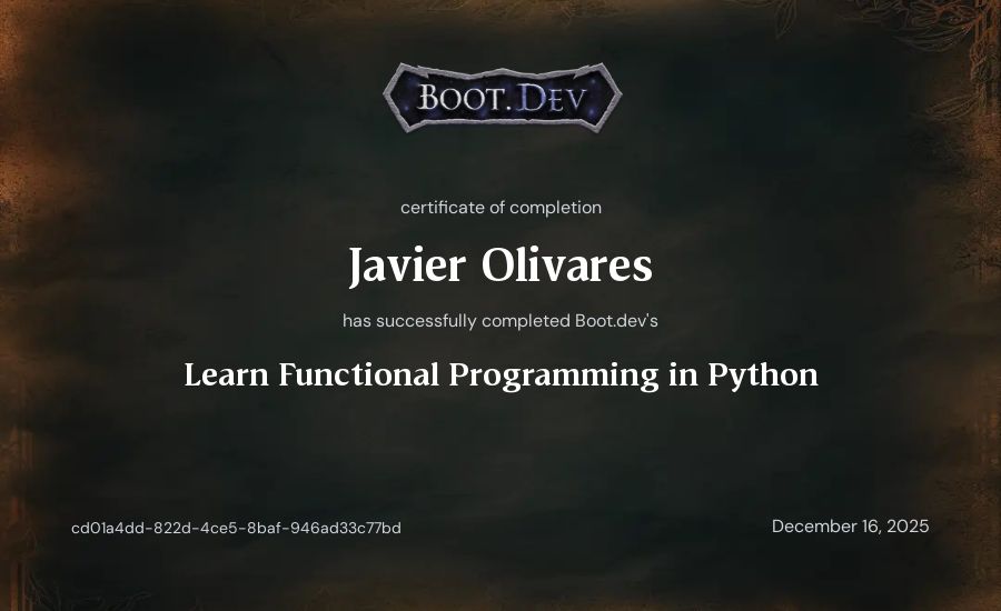 Javier Olivares's Boot.dev Learn Functional Programming in Python certificate