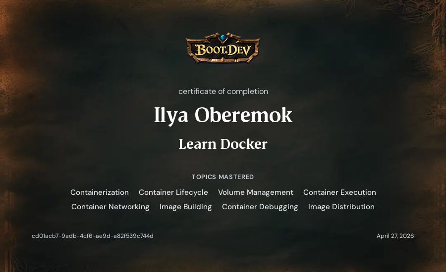 Ilia Oberemok's Boot.dev Learn Docker certificate