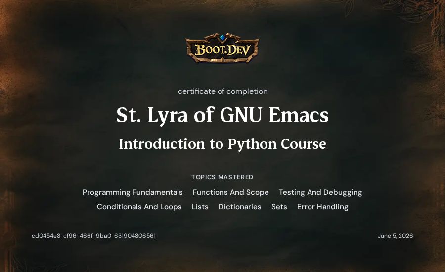 St. Lyra of GNU Emacs's Boot.dev Introduction to Python Course certificate