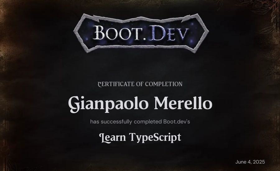 Gianpaolo Merello's Boot.dev Learn TypeScript certificate