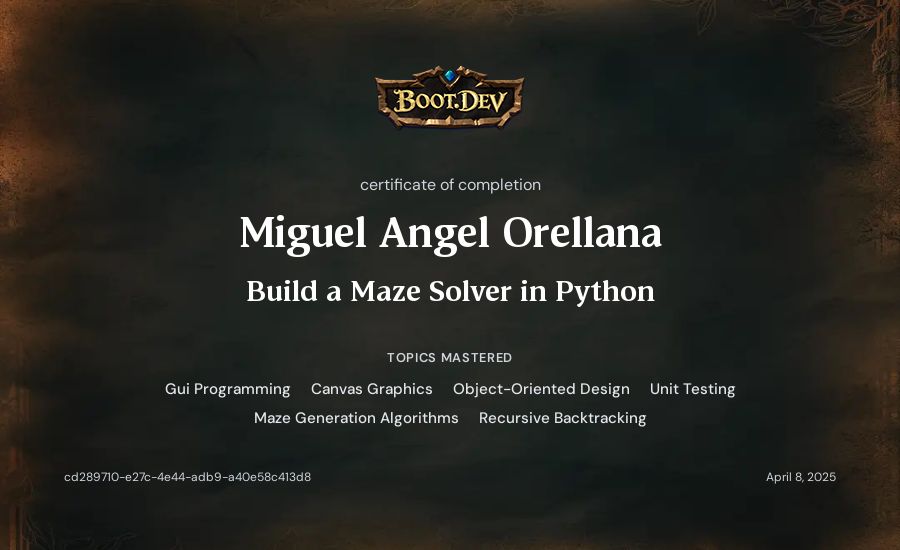 Miguel Angel Orellana's Boot.dev Build a Maze Solver in Python certificate