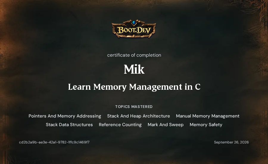 Mik's Boot.dev Learn Memory Management in C certificate