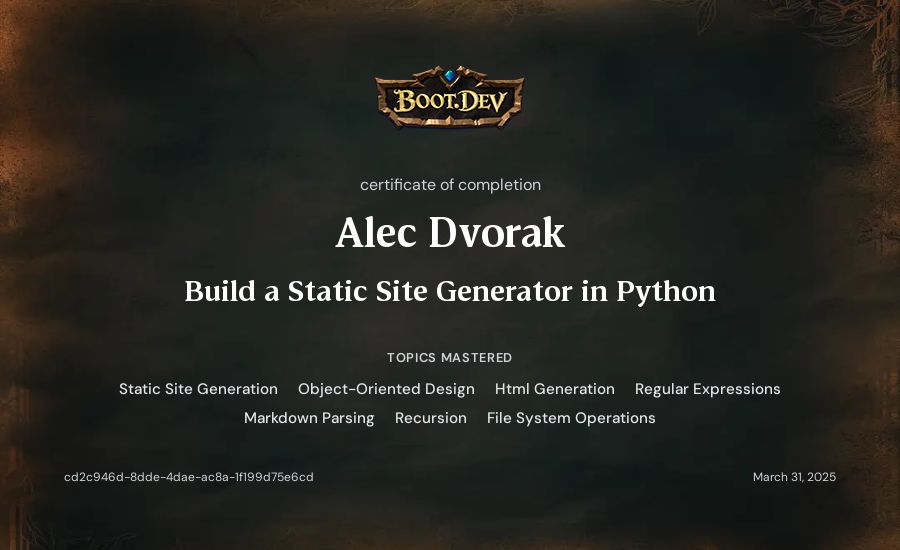 Alec Dvorak's Boot.dev Build a Static Site Generator in Python certificate