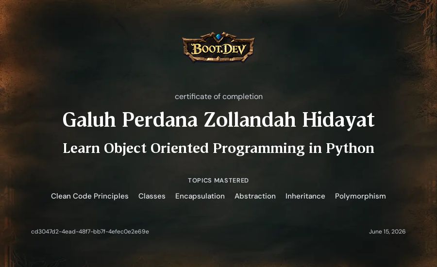 Galuh Perdana Zollandah Hidayat's Boot.dev Learn Object Oriented Programming in Python certificate