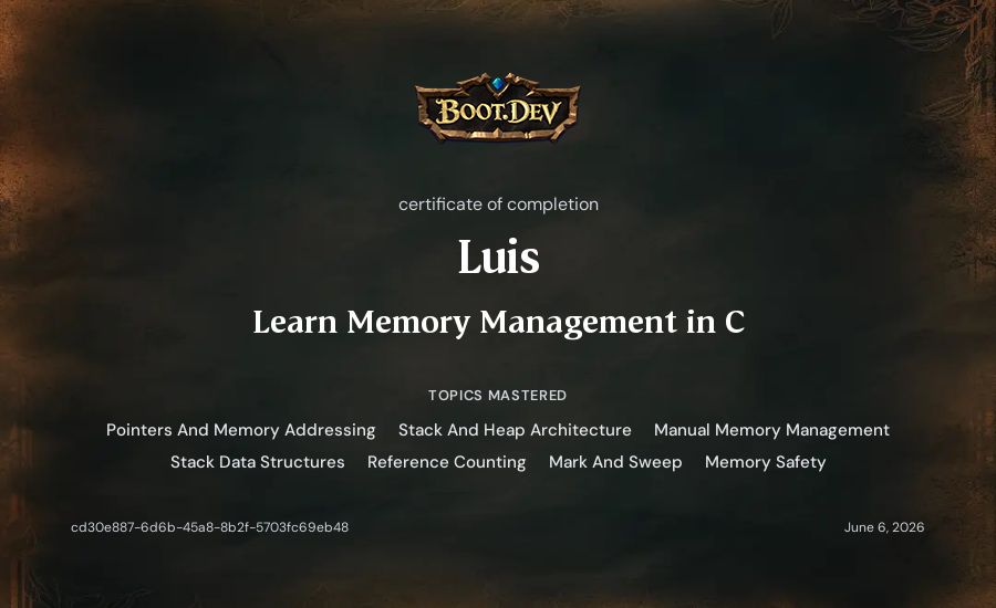 Luis's Boot.dev Learn Memory Management in C certificate