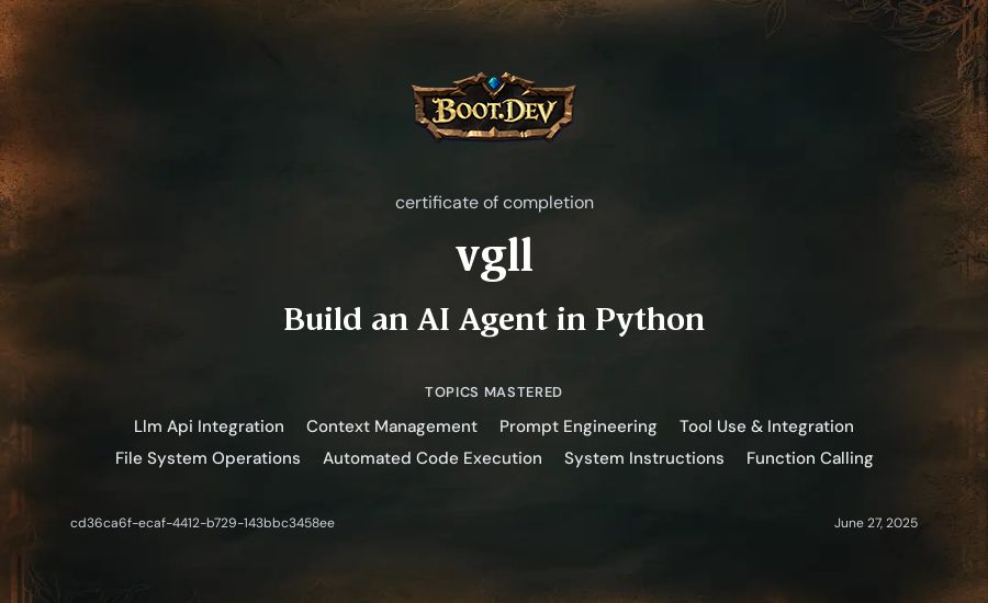 vgll's Boot.dev Build an AI Agent in Python certificate