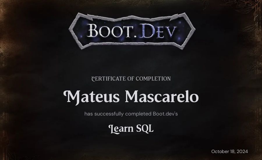 Mateus Mascarelo's Boot.dev Learn SQL certificate