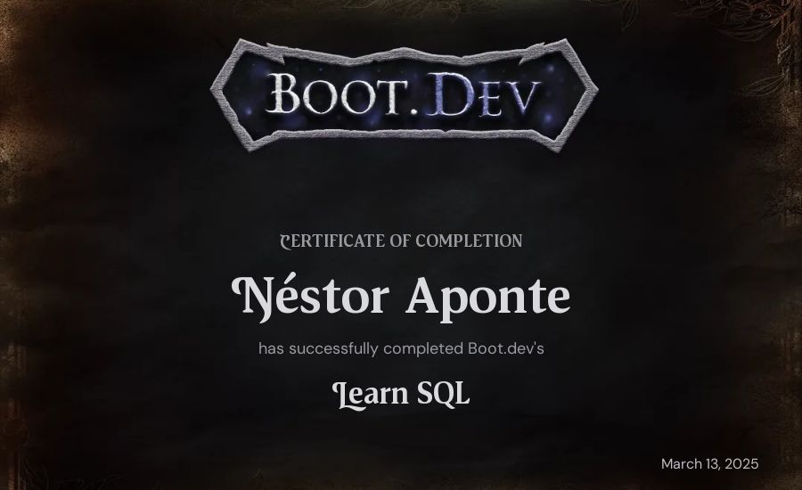 Néstor Aponte's Boot.dev Learn SQL certificate