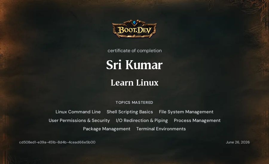 Sri Kumar's Boot.dev Learn Linux certificate