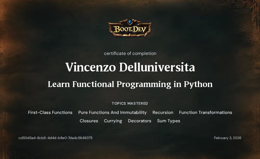 Vincenzo Delluniversita's Boot.dev Learn Functional Programming in Python certificate