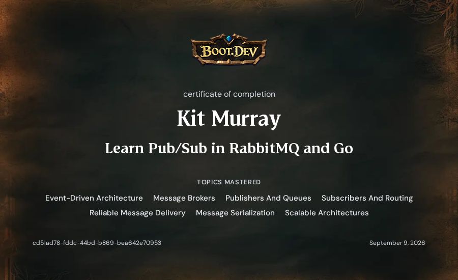 Kit Murray's Boot.dev Learn Pub/Sub in RabbitMQ and Go certificate