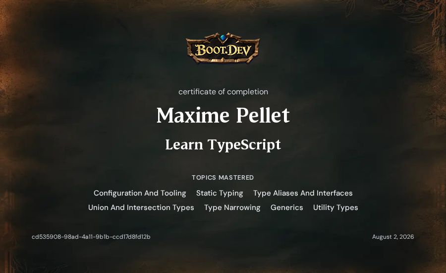 Maxime Pellet's Boot.dev Learn TypeScript certificate