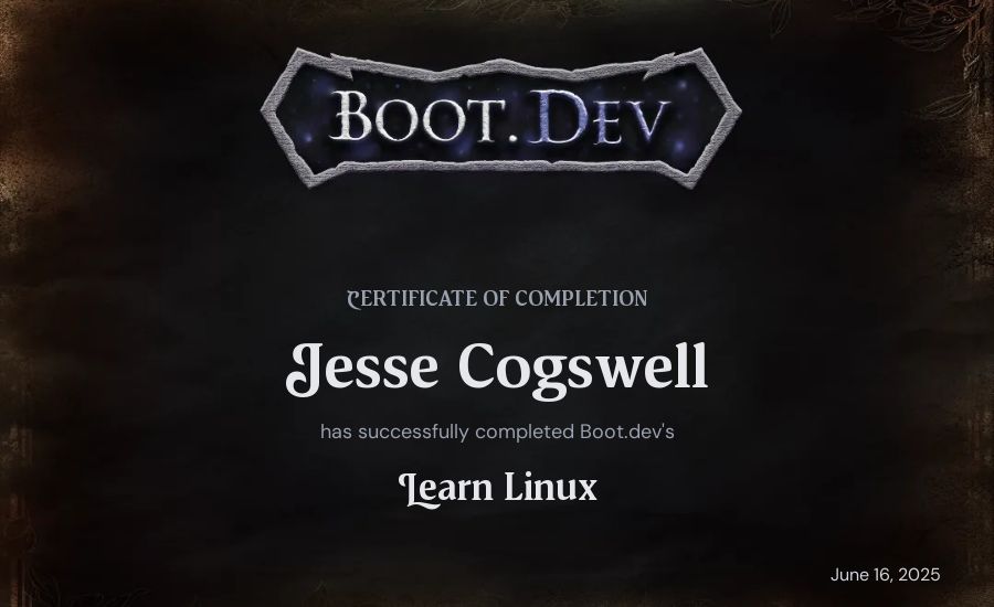 Jesse Cogswell's Boot.dev Learn Linux certificate